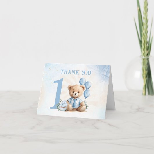 Bear 1. Geburtstag Blue Number Balloons Teddy Bear Dankeskarte (Vorderseite)