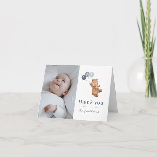 Bear 3 Blue Balloons Foto Danke, Card Dankeskarte (Vorderseite)