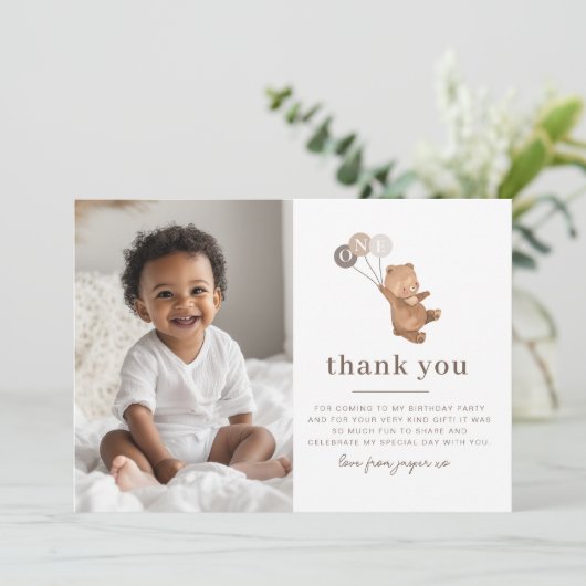 Bear 3 Brown Balloons Foto Vielen Dank Einladung (Stehend Vorderseite)