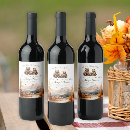 Bear Adventure Fall Mountains Neutrale Babydusche Weinetikett