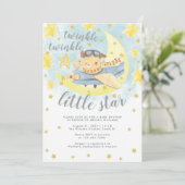 Bear Airplane Gold Twinkle Little Star Baby Dusche Einladung (Stehend Vorderseite)