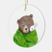Bear and Bunny in Big Green Blanket Custom Name Keramik Ornament (Links)