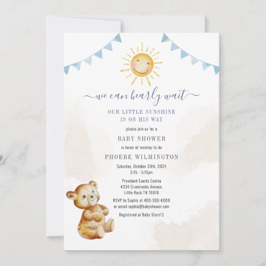 Bear and Sunshine Watercolor Boys Babydusche Einladung (Vorderseite)