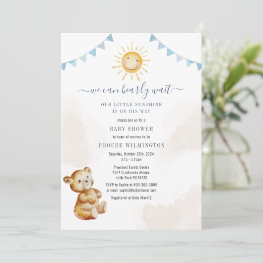 Bear and Sunshine Watercolor Boys Babydusche Einladung (Stehend Vorderseite)