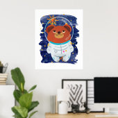 Bear Astronaut Floating Space Stars Wasserfarbe Poster (Heimbüro)