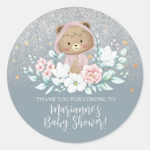 Bear Baby Dusche Bläserblütenblume Glitzer Blau Bo Runder Aufkleber