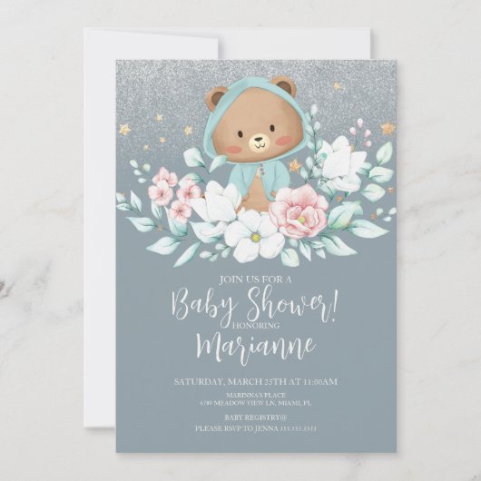 Bear Baby Dusche Bläserblütenblume Glitzer Dusty B Einladung (Vorderseite)