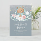 Bear Baby Dusche Bläserblütenblume Glitzer Dusty B Einladung (Stehend Vorderseite)