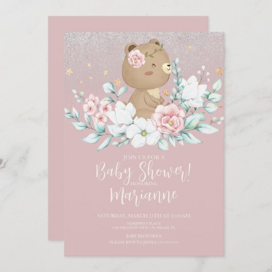 Bear Baby Dusche Blumenkohl Glitzer Pink Einladung (Vorne/Hinten)