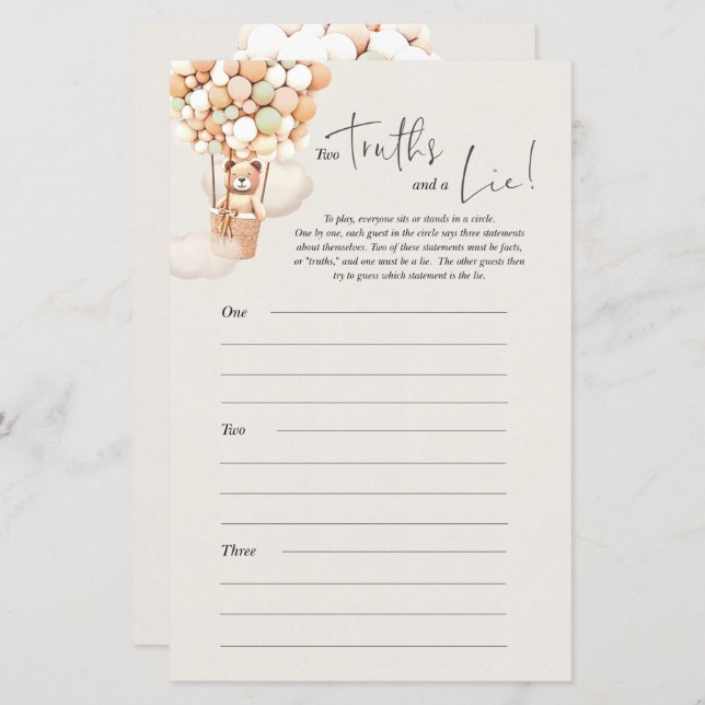 Bear Baby Dusche Spiel - 2 Thruthen und eine Lie (Vorne/Hinten)