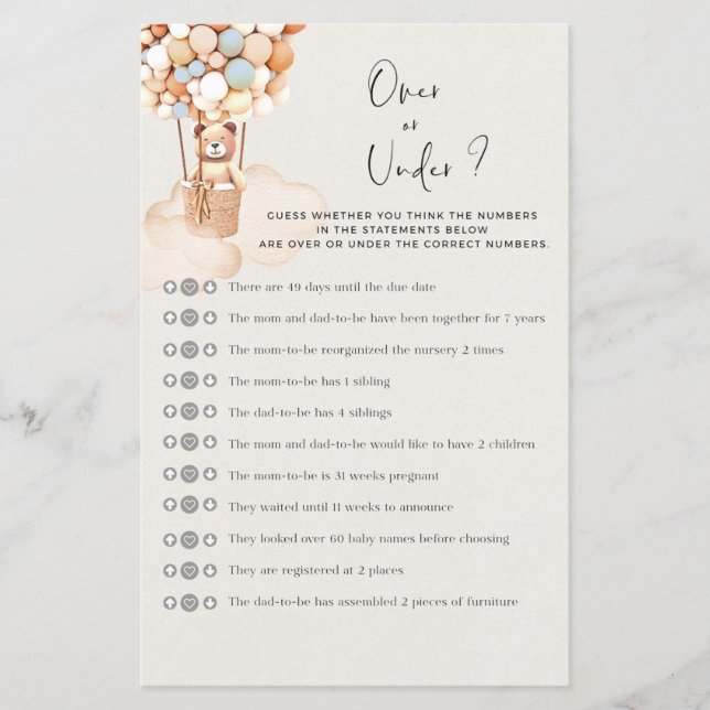 Bear Baby Dusche Spiel über oder unter (Vorderseite)