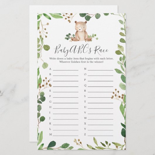 Bear Baby Shower ABCs Race Game (Vorne/Hinten)