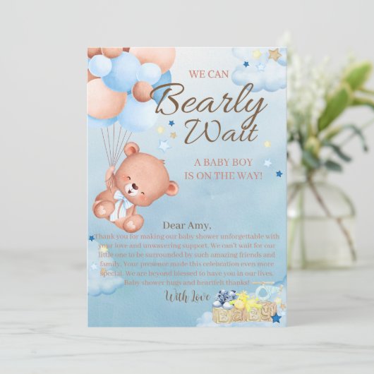 Bear Baby Shower Boy Dankeskarte (Stehend Vorderseite)