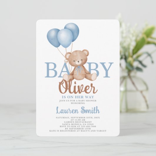 Bear Baby Shower Boy Einladung (Stehend Vorderseite)