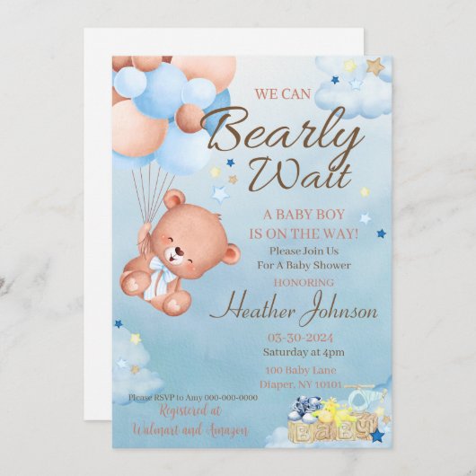Bear Baby Shower Boy Einladung (Vorne/Hinten)