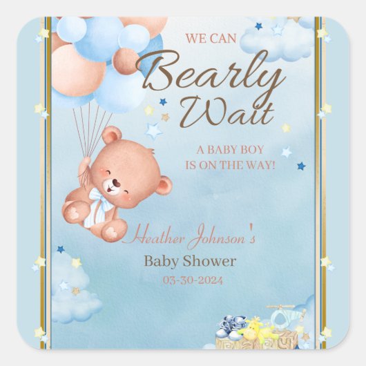 Bear Baby Shower Boy Quadratischer Aufkleber (Vorderseite)