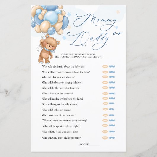 Bear Baby Shower Game Guess Who Mommy or Daddy (Vorderseite)