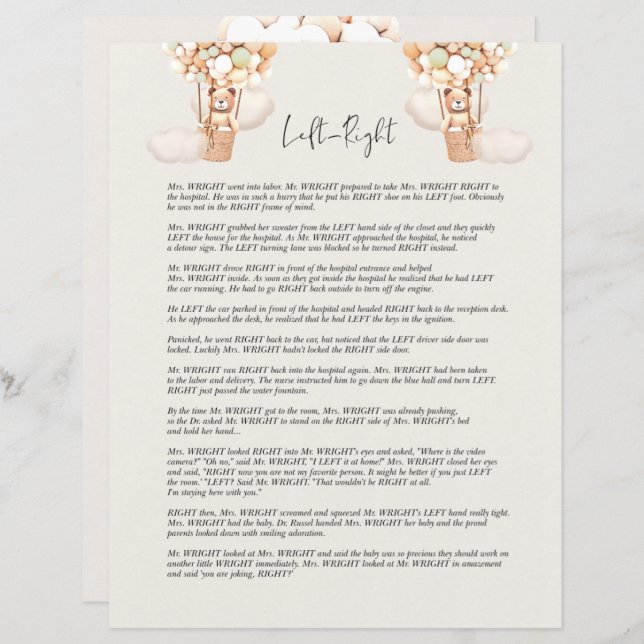 Bear Baby Shower Game - Links oder nicht wahr? (Vorne/Hinten)