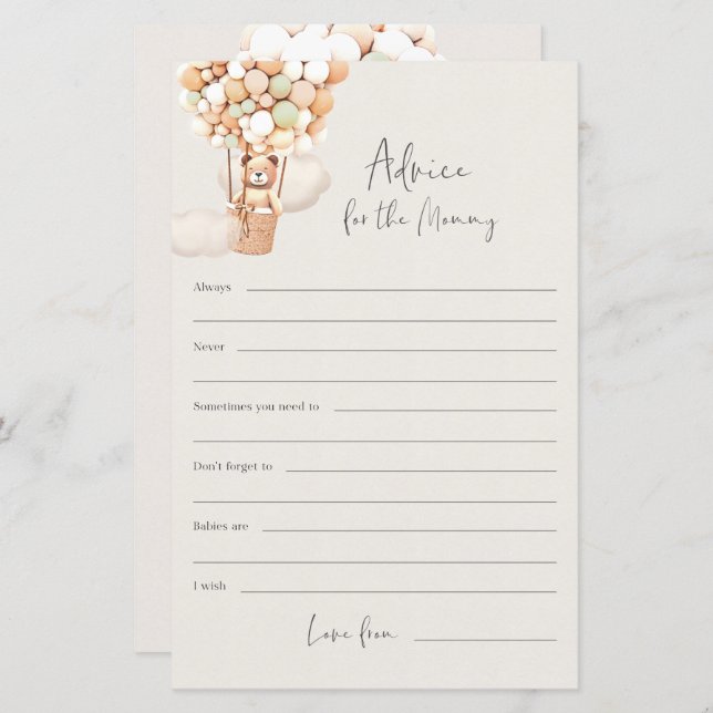 Bear Baby Shower Game - Ratschläge für Mutter (Vorne/Hinten)