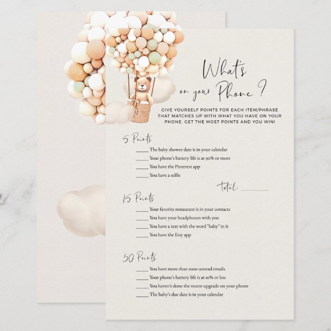 Bear Baby Shower Game - Was ist auf Ihrem Telefon? (Vorne/Hinten)