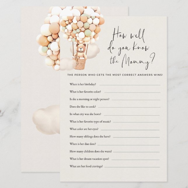 Bear Baby Shower Game - Wie gut kennen Sie Mama? (Vorne/Hinten)