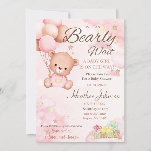 Bear Baby Shower Girl Einladung (Vorderseite)