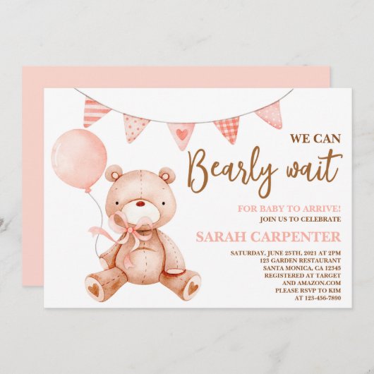 Bear Baby Shower Girl Einladung (Vorne/Hinten)