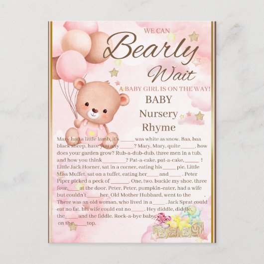 Bear Baby Shower Girl Game Postkarte (Vorderseite)
