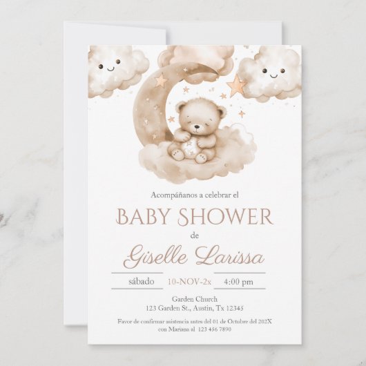 Bear Baby Shower Girl Spanische Einladung (Vorderseite)