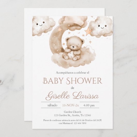 Bear Baby Shower Girl Spanische Einladung (Vorne/Hinten)