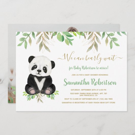 Bear Baby Shower Greenery Wasserfarbe Custom Foto Einladung (Vorne/Hinten)