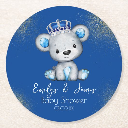 Bear Baby Shower Prince Funkelnd Blue Boys Runder Pappuntersetzer (Vorderseite)