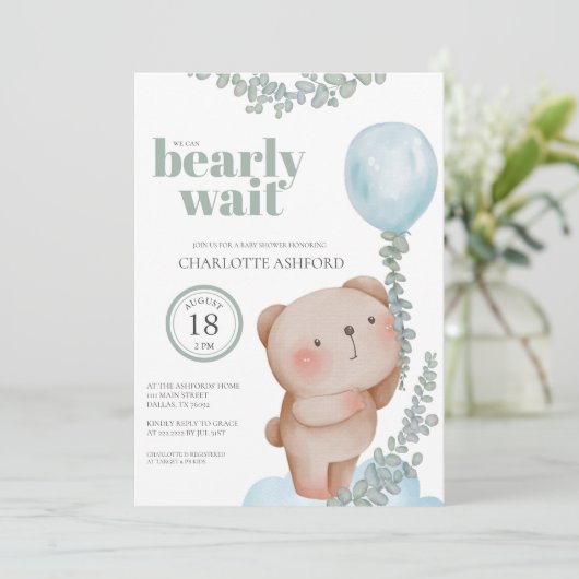 Bear Balloon Bearly Wait Blue Boy Baby Einladung (Stehend Vorderseite)