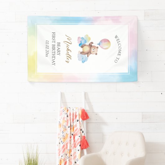 Bear Balloon Clouds Beary First Birthday Welcome Banner (Insitu)