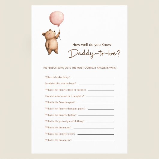 Bear Balloon Daddy Trivia Baby Shower Game Flyer