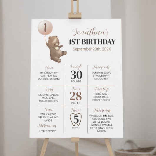 Bear Balloon First Birthday Milestone Zeichen Poster