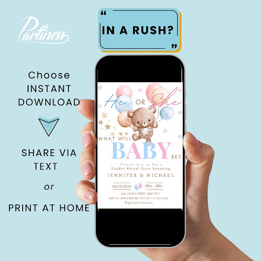 Bear Balloon Gender Reveal Party Boy oder Girl Einladung