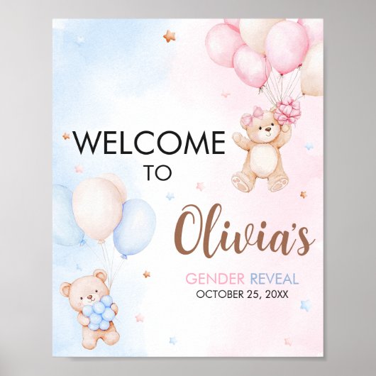 Bear Balloon Gender Reveal Welcome Sign Poster (Vorne)