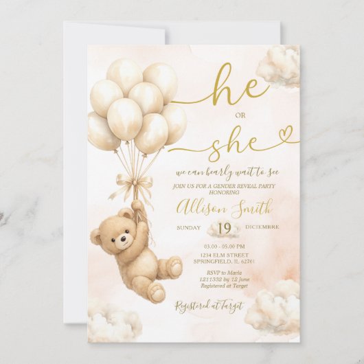 Bear Balloon He or She Gender Reveal Invitation Einladung (Vorderseite)