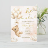 Bear Balloon He or She Gender Reveal Invitation Einladung (Stehend Vorderseite)