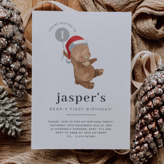 Bear Balloon Weihnachtsmannmütze Erster Geburtstag Einladung