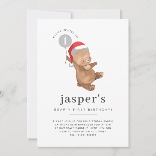 Bear Balloon Weihnachtsmannmütze Erster Geburtstag Einladung (Vorderseite)