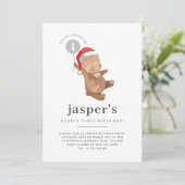 Bear Balloon Weihnachtsmannmütze Erster Geburtstag Einladung (Stehend Vorderseite)