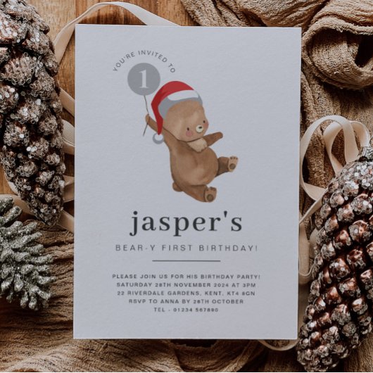 Bear Balloon Weihnachtsmannmütze First Birthday Fo Einladung