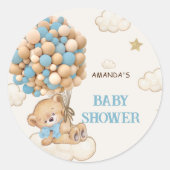 Bear Balloons Baby Boy Dusche Blue Runder Aufkleber (Vorderseite)