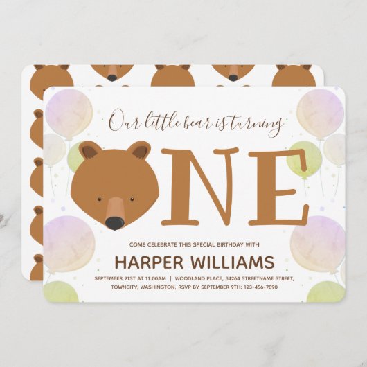 Bear Balloons Baby First Geburtstag Einladung (Vorne/Hinten)