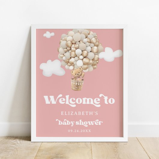 Bear Balloons Baby Girl Baby Dusche Willkommen Poster