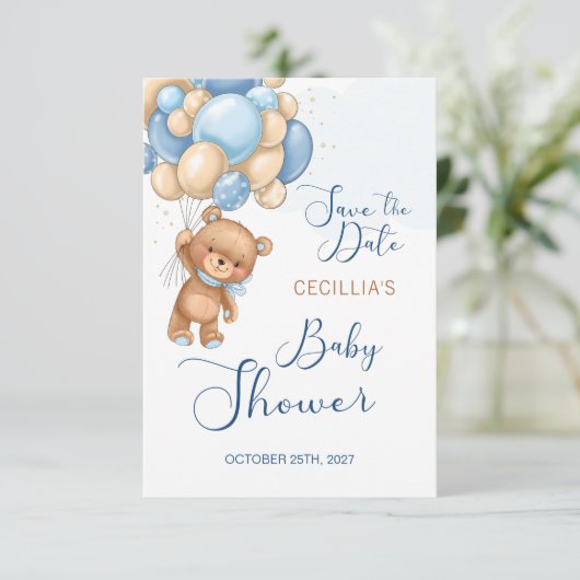 Bear Balloons Babydusche Save the Date Begleitkarte (Stehend Vorderseite)