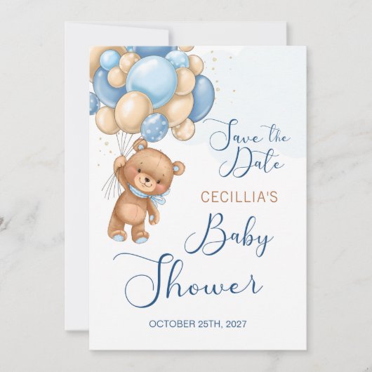 Bear Balloons Babydusche Save the Date Einladung (Vorderseite)