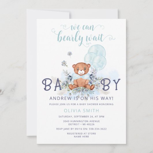 Bear Balloons Bearly Wait Boy Baby Dusche Einladung (Vorderseite)